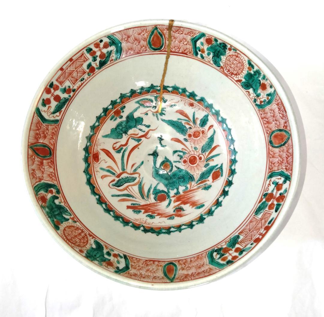 陶器 大深鉢 赤絵 福・壽・禄 Ab-168