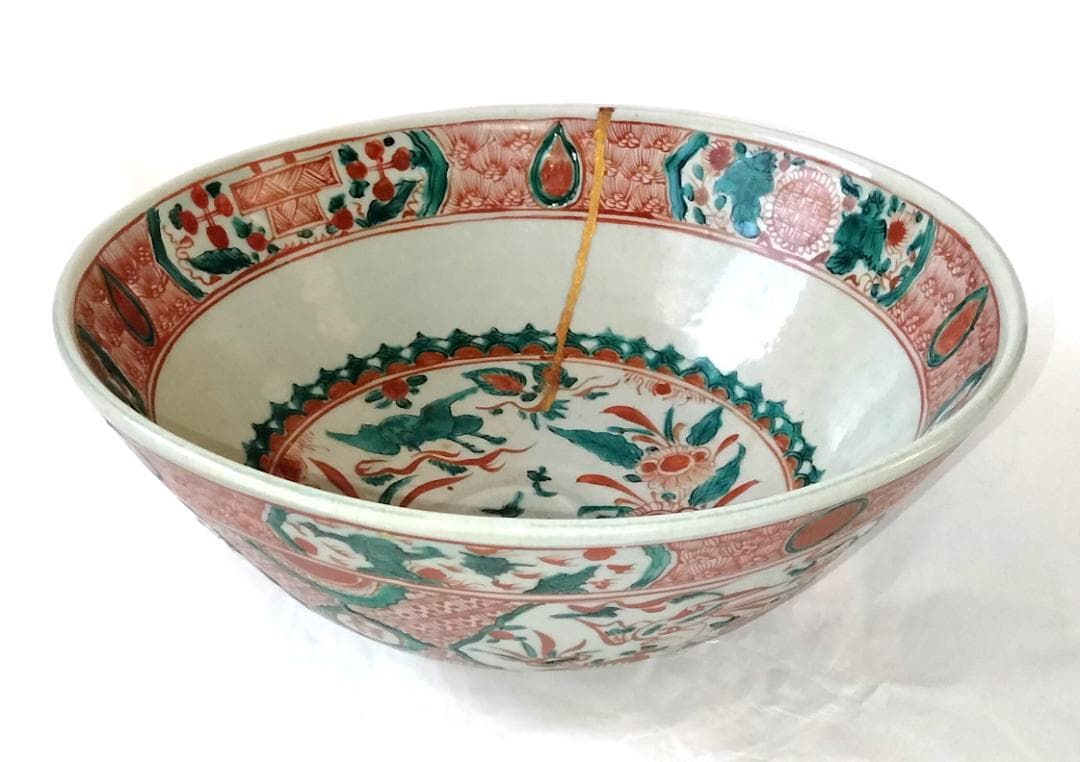 陶器 大深鉢 赤絵 福・壽・禄 Ab-168