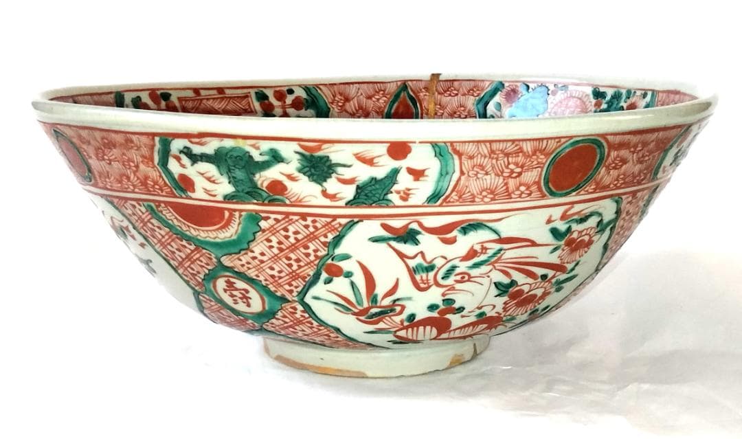 陶器 大深鉢 赤絵 福・壽・禄 Ab-168