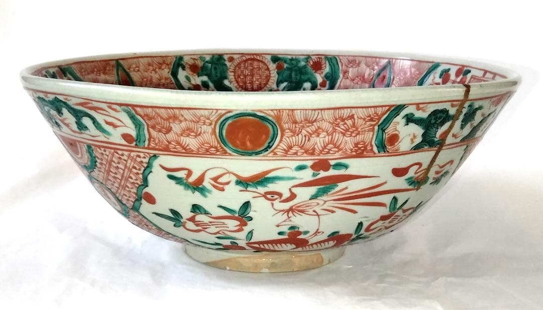 陶器 大深鉢 赤絵 福・壽・禄 Ab-168