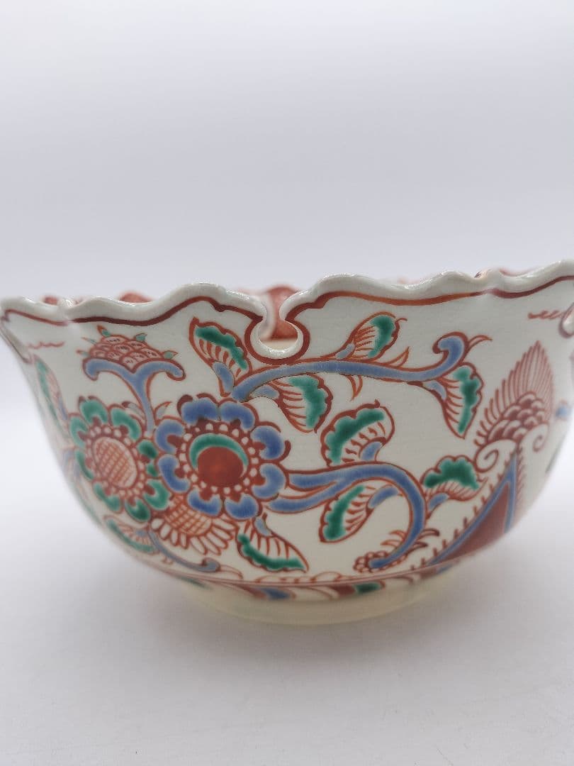 c561菓子器 赤絵雪輪 萬古窯 加賀瑞山 木箱 茶道具 古物