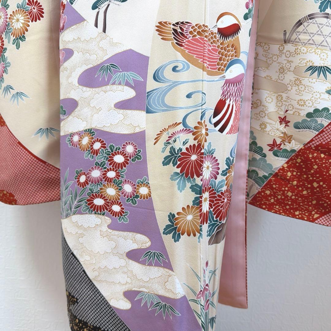 499 振袖フルセット 正絹 紫 赤 ベージュ 黒 金彩 駒刺繍 レトロ 鴛鴦