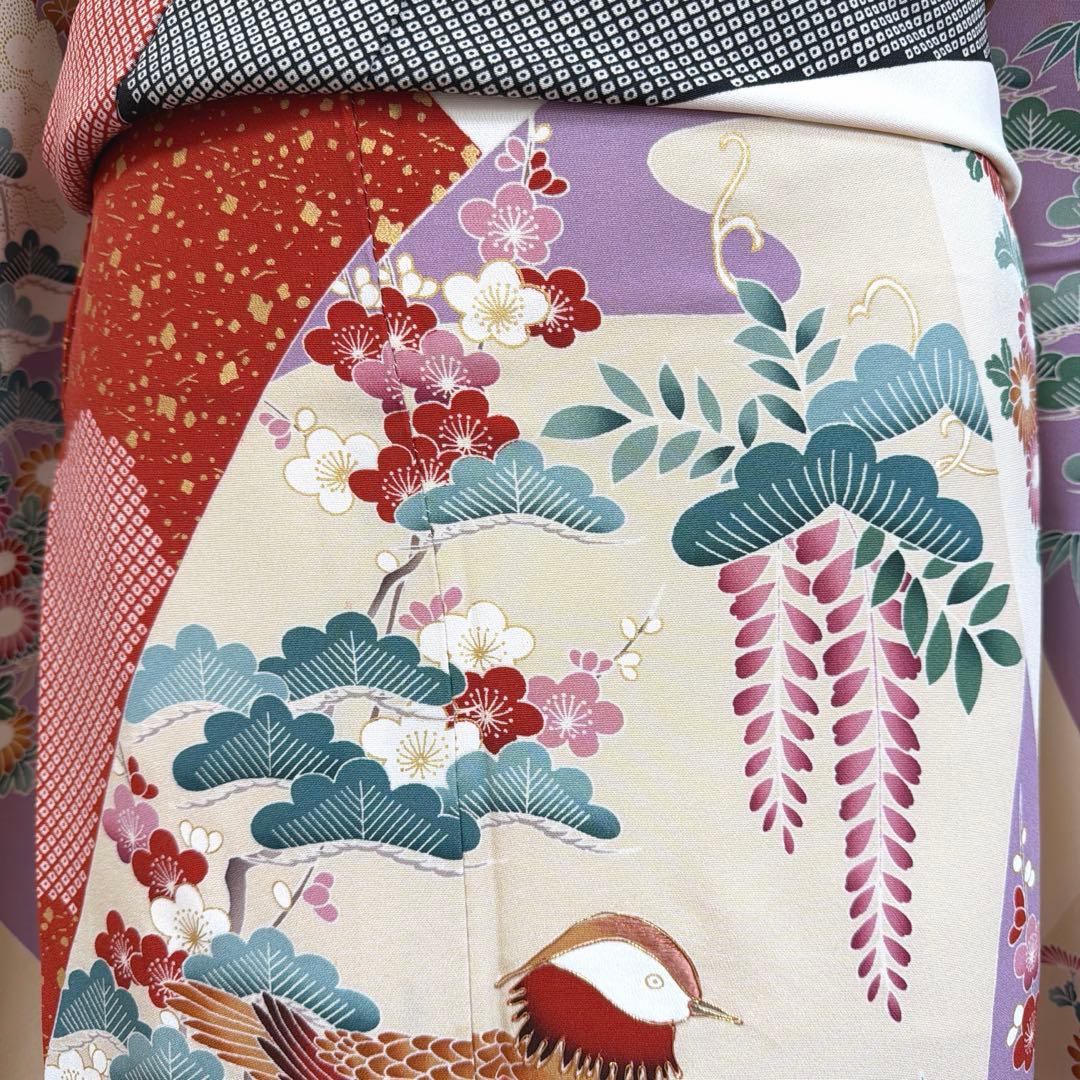 499 振袖フルセット 正絹 紫 赤 ベージュ 黒 金彩 駒刺繍 レトロ 鴛鴦