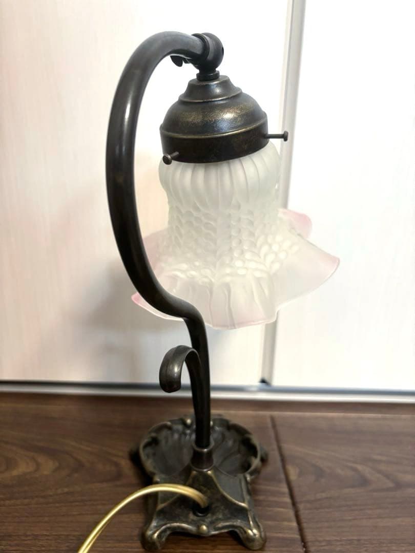 美品 アンティーク フランス スタンド フラワー ランプ ピンク 真鍮 ガラス
