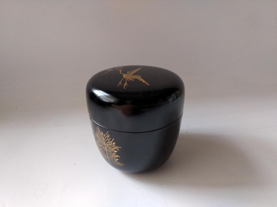 茶道具 茶器 黒塗 松喰鶴蒔絵 中棗 牧田芳祥 作 漆器 抹茶 棗 共箱 美品