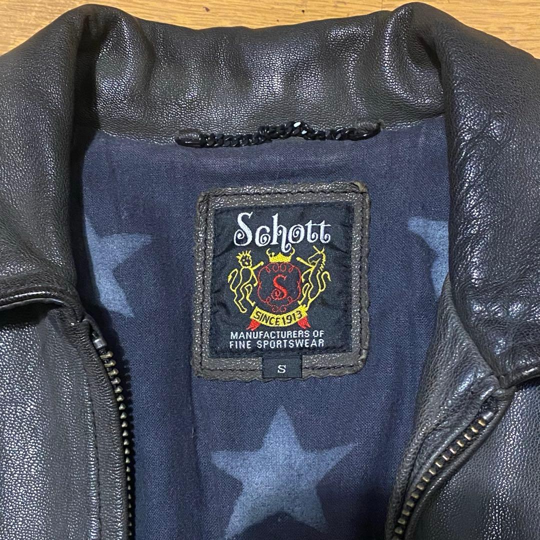 Schott シングル ライダースジャケット ゴートレザー　ブラック/ 星条旗