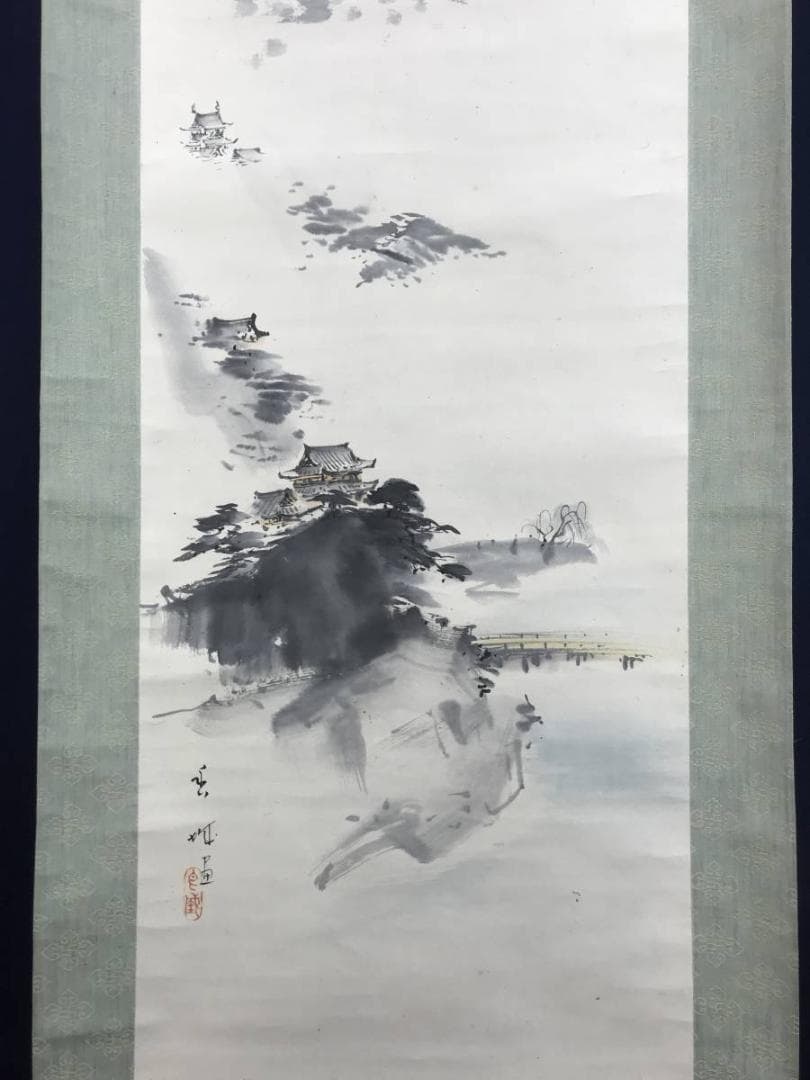 真作/朝見香城/山水図/城図/掛軸/名家伝来/AE-18