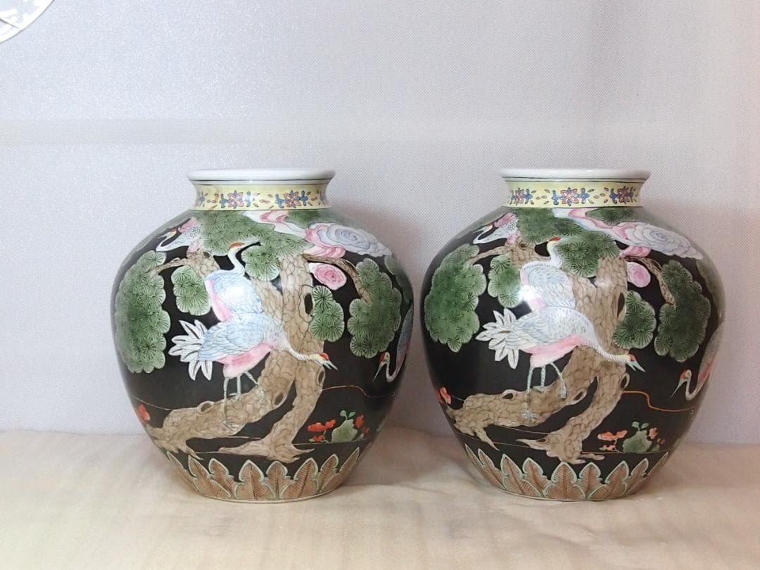 【時代の美品】中国古玩 大清同治年製 花瓶 一対/2個 雲松鶴図 壺/つぼ/花器