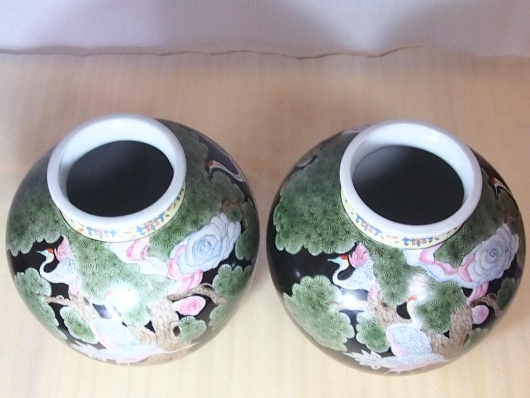 【時代の美品】中国古玩 大清同治年製 花瓶 一対/2個 雲松鶴図 壺/つぼ/花器