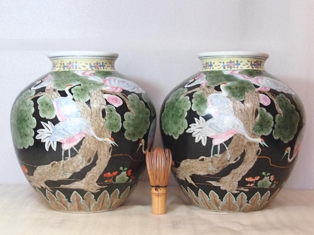 【時代の美品】中国古玩 大清同治年製 花瓶 一対/2個 雲松鶴図 壺/つぼ/花器