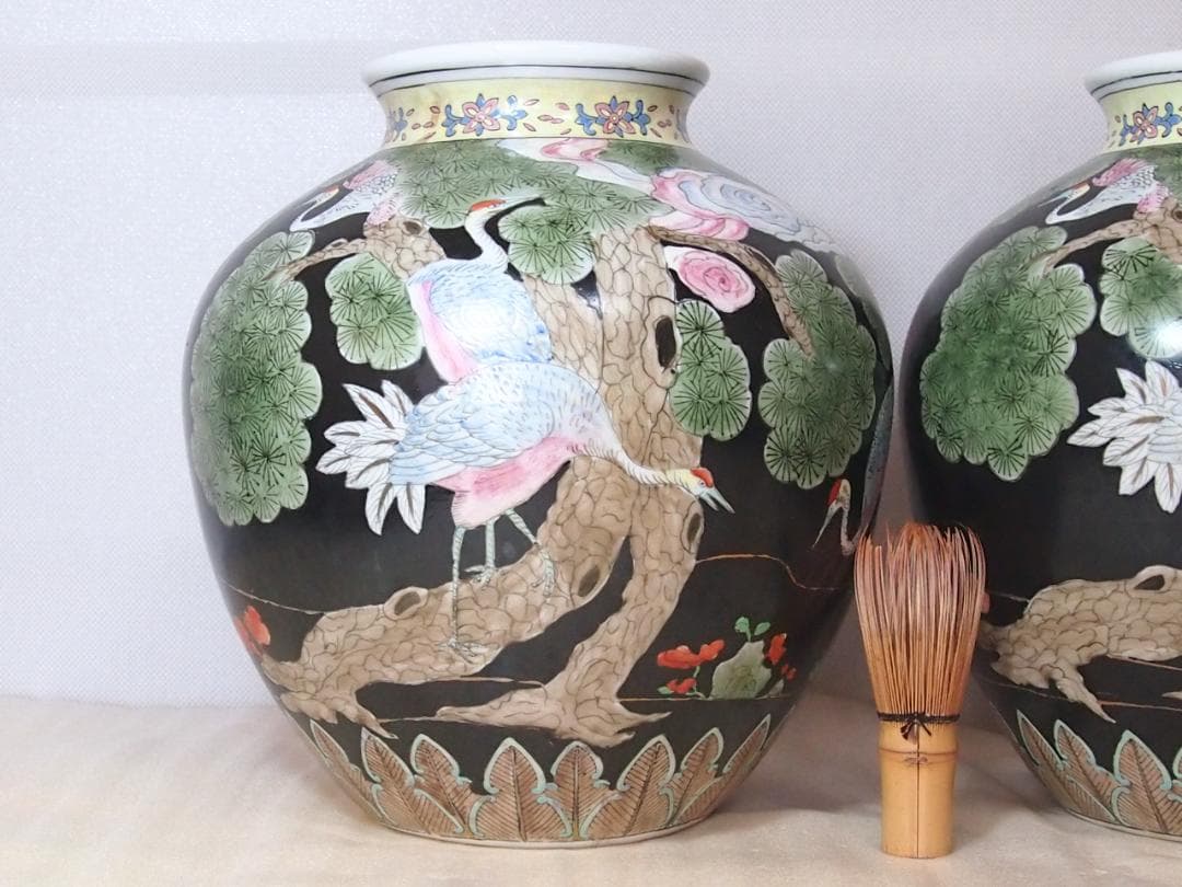 【時代の美品】中国古玩 大清同治年製 花瓶 一対/2個 雲松鶴図 壺/つぼ/花器