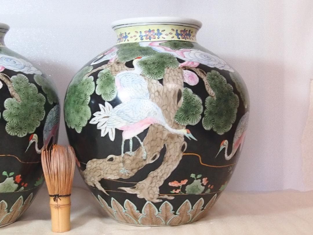 【時代の美品】中国古玩 大清同治年製 花瓶 一対/2個 雲松鶴図 壺/つぼ/花器