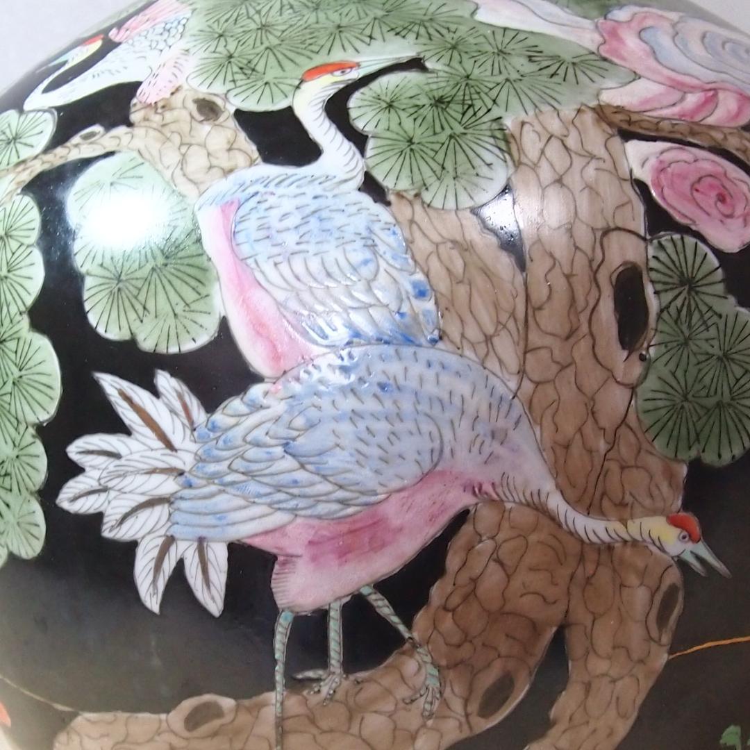 【時代の美品】中国古玩 大清同治年製 花瓶 一対/2個 雲松鶴図 壺/つぼ/花器