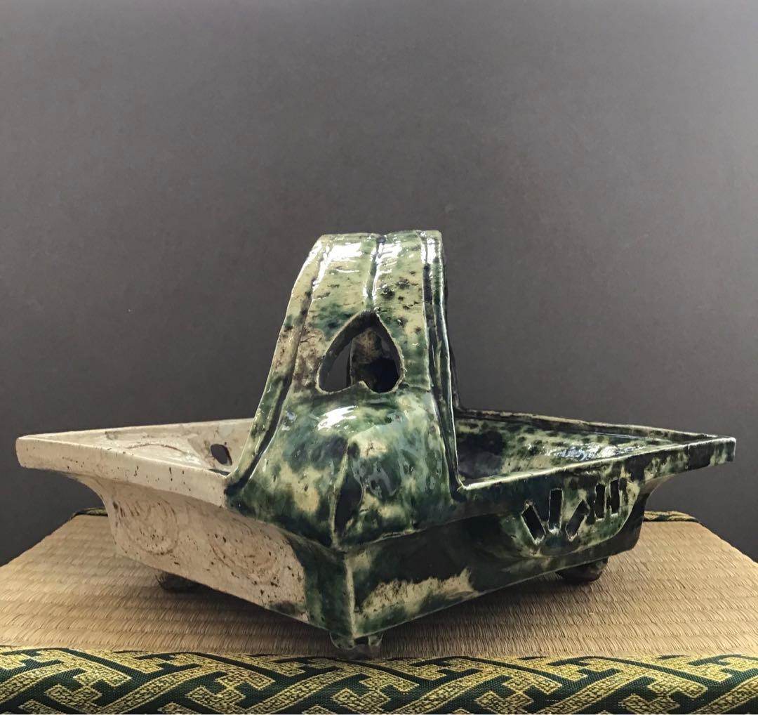 茶道具　菓子器　織部　透入手鉢　横井米禽作　共箱　S1013TH