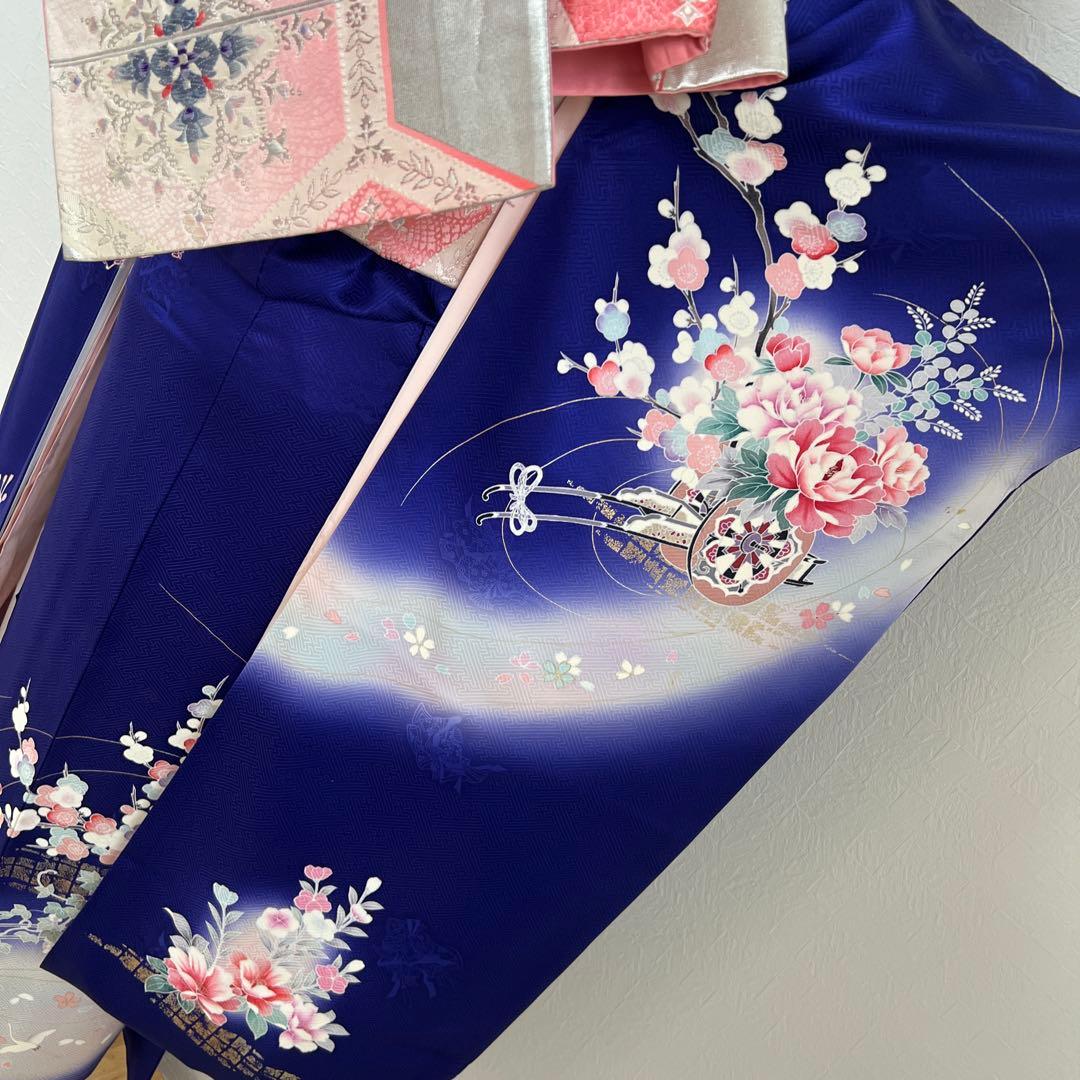 456 振袖フルセット 正絹 紺 青 ブルー ピンク 桃 金彩 暈し染め 華やか