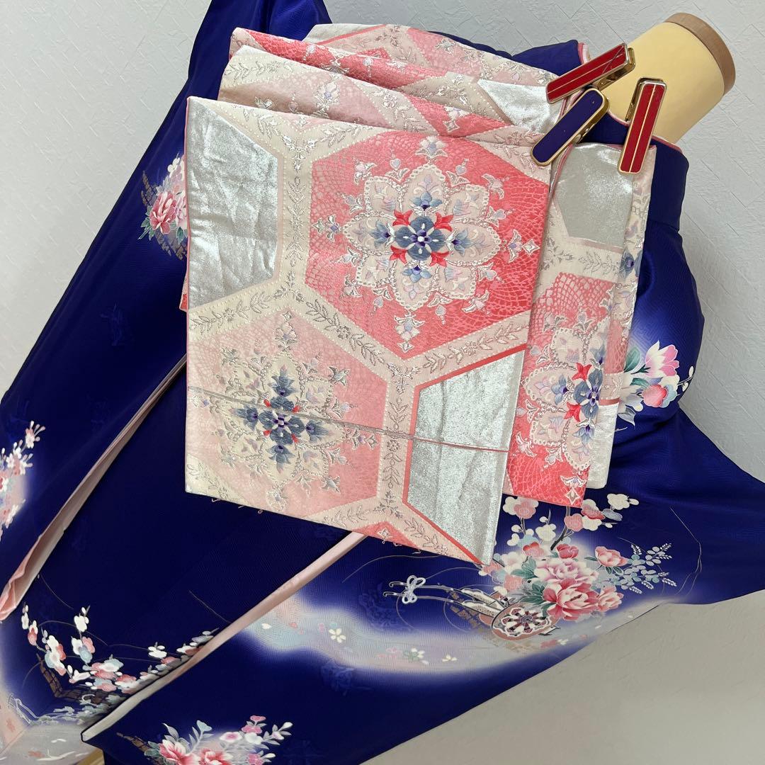 456 振袖フルセット 正絹 紺 青 ブルー ピンク 桃 金彩 暈し染め 華やか