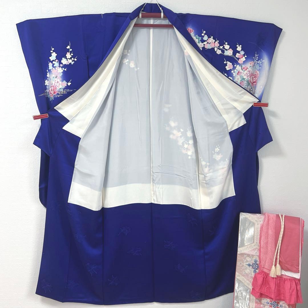 456 振袖フルセット 正絹 紺 青 ブルー ピンク 桃 金彩 暈し染め 華やか