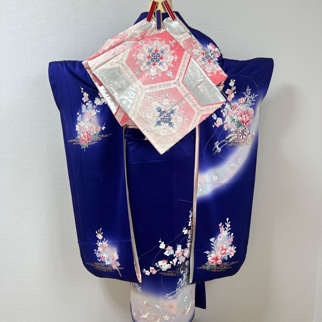 456 振袖フルセット 正絹 紺 青 ブルー ピンク 桃 金彩 暈し染め 華やか