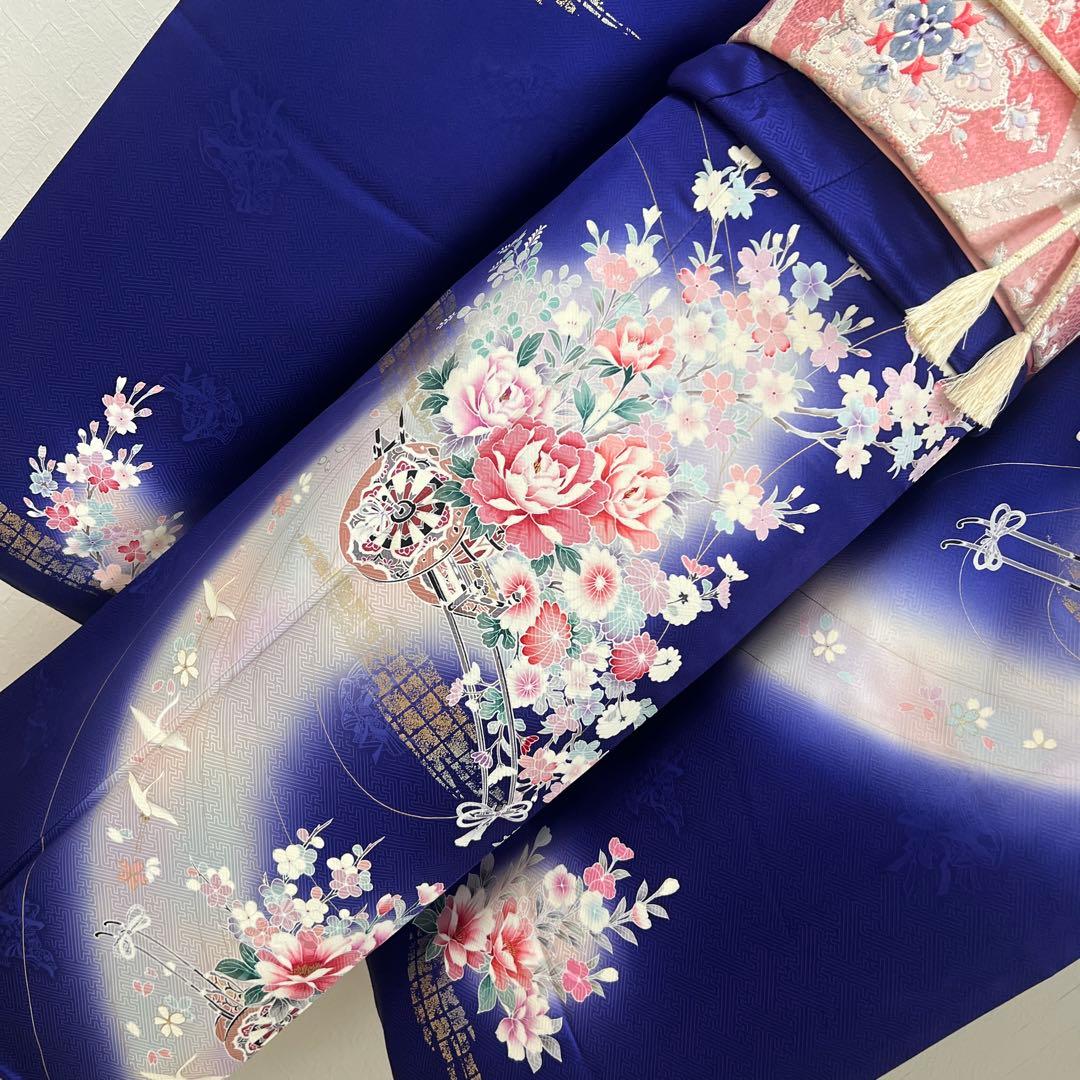 456 振袖フルセット 正絹 紺 青 ブルー ピンク 桃 金彩 暈し染め 華やか