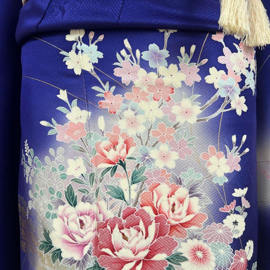 456 振袖フルセット 正絹 紺 青 ブルー ピンク 桃 金彩 暈し染め 華やか