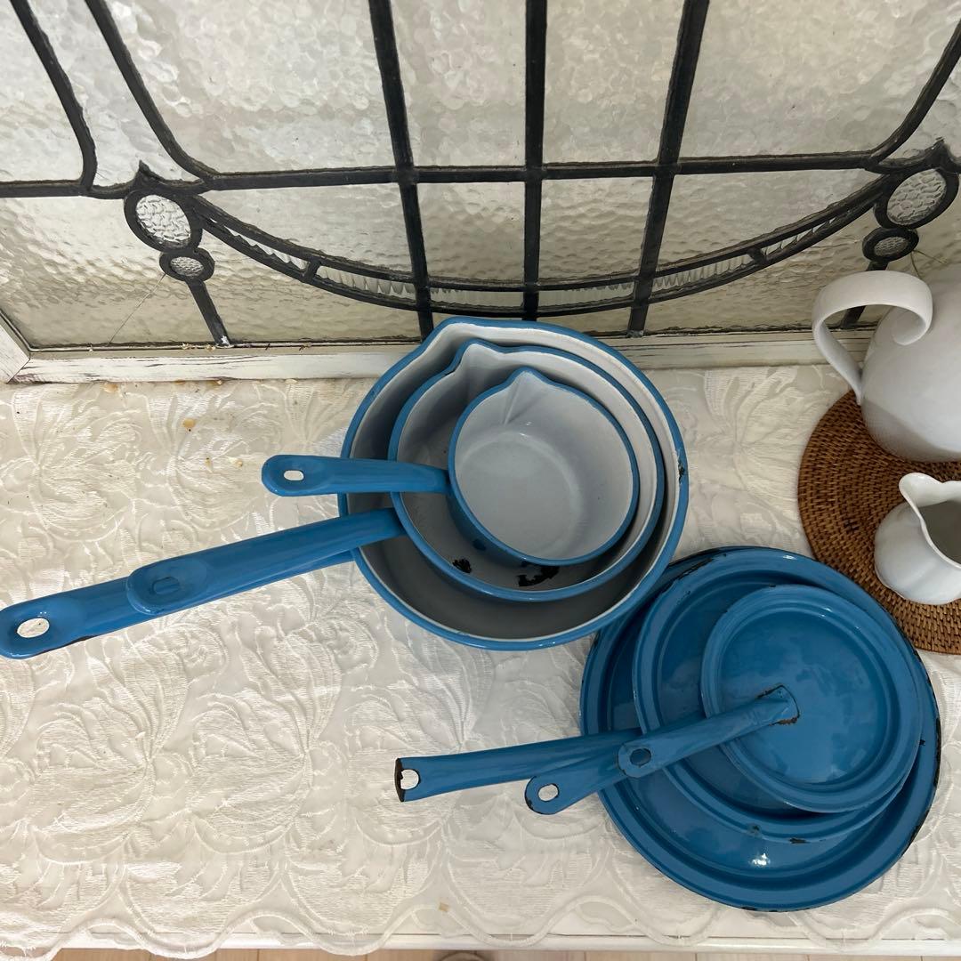 フランスアンティーク ホーロー ミルクパン ソースパン 片手鍋 蓋付 3点セット