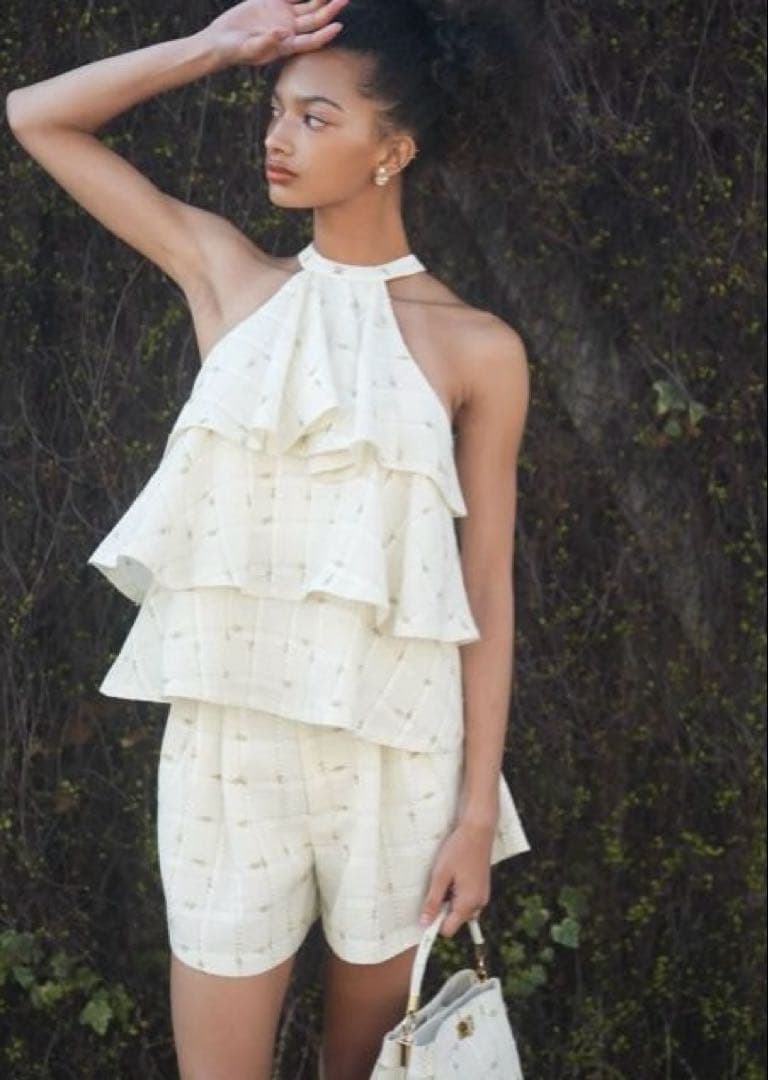 candy check tweed ruffle frill topsホワイト