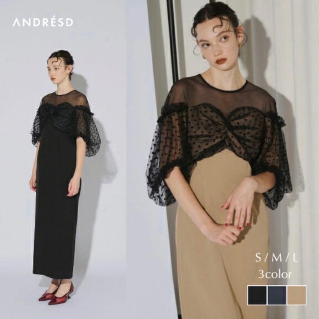 ANDRESD フロッキードットワンピース S ブラック