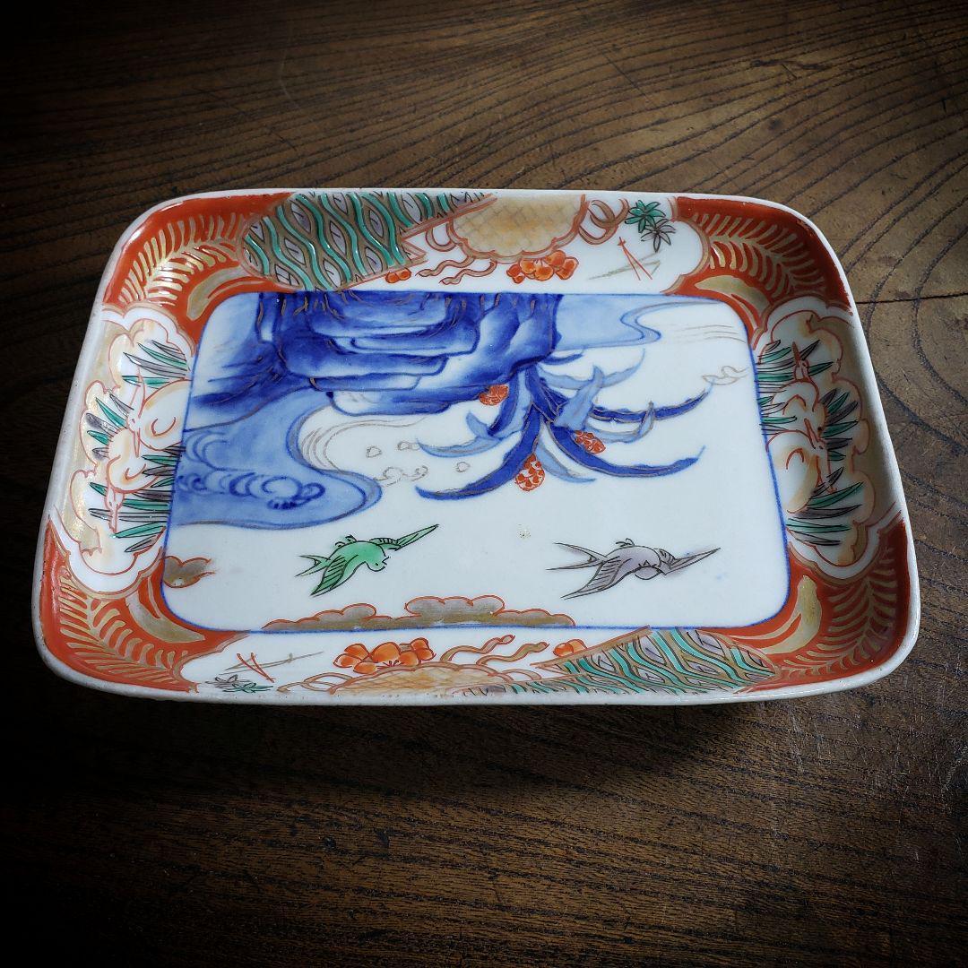 角皿 変形皿 色絵付 金彩 鳥 燕 鷺 波 自然風景 おもと 植物 古伊万里