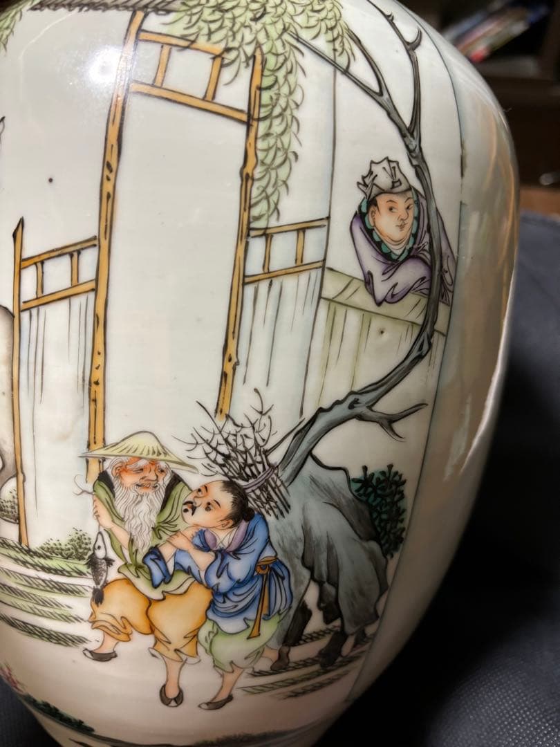 中国古美術 清末民国時代　色絵　粉彩壺　漁樵耕読　周佐興
