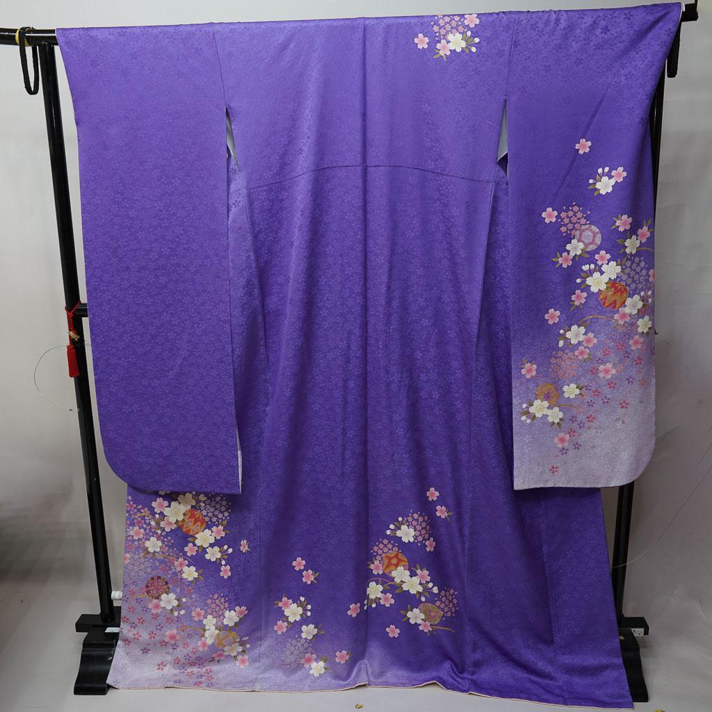 振袖 正絹 着物単品 仕立て上がり 紫色 古典柄 桜 モダン NO42783