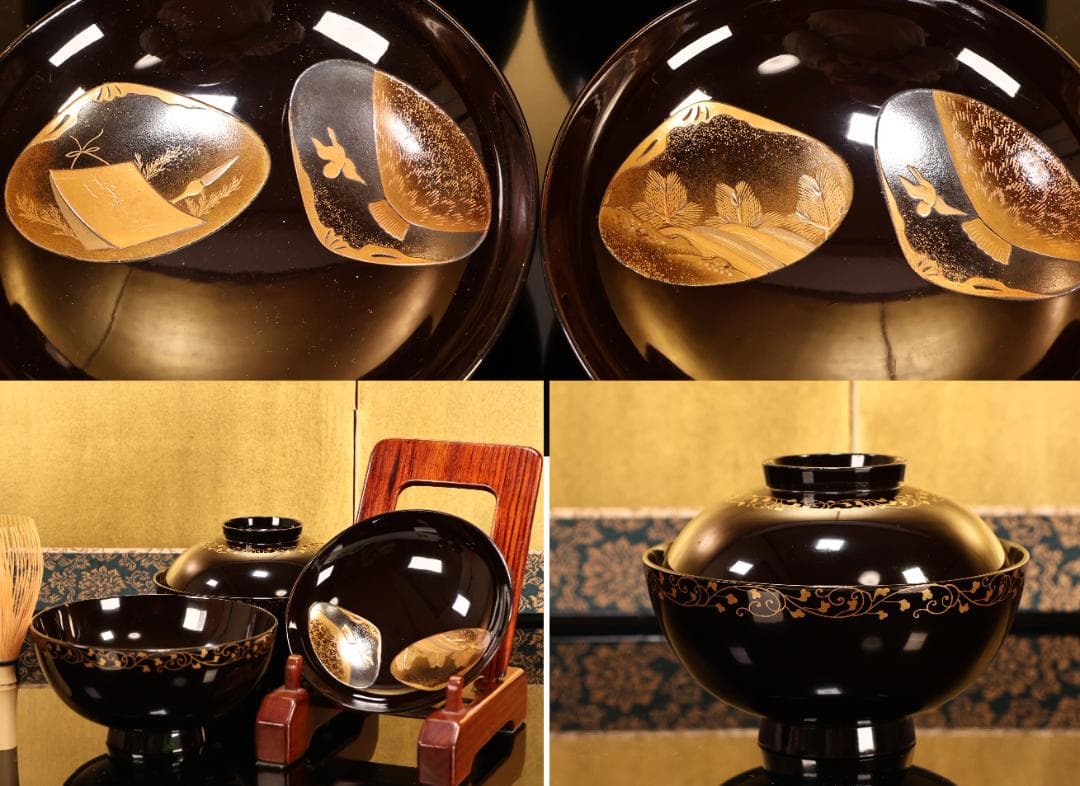 BK423　時代輪島塗　図替り　貝尽くし図金蒔絵　吸物椀　二客　木製　懐石 菓子