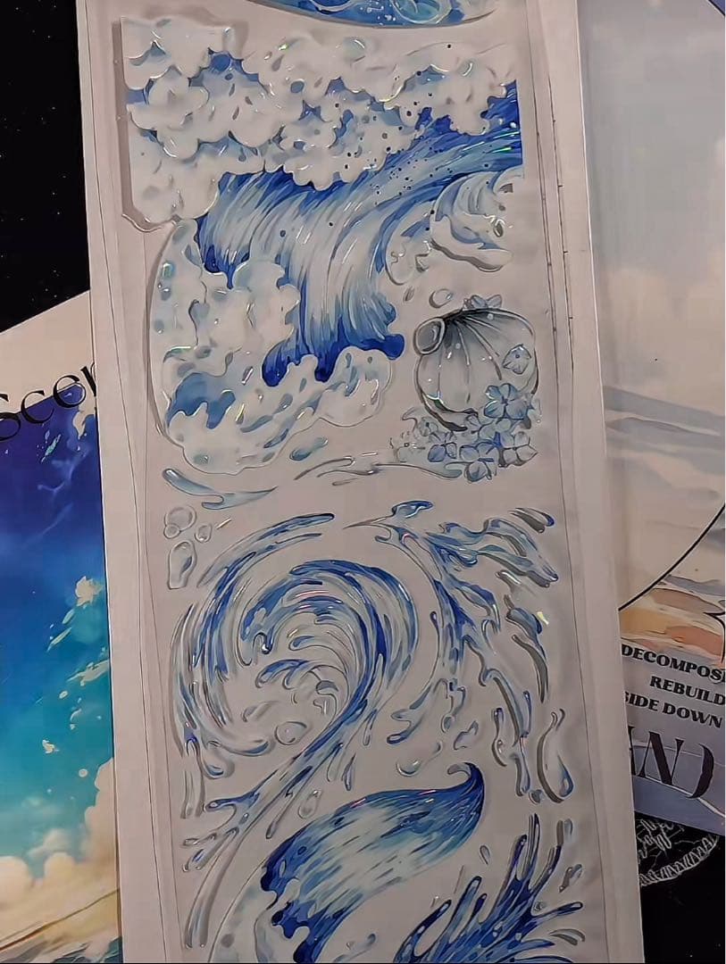 【8575】海外　マステ　3/5/巻売り　貝殻光マスキングテープ　海　波