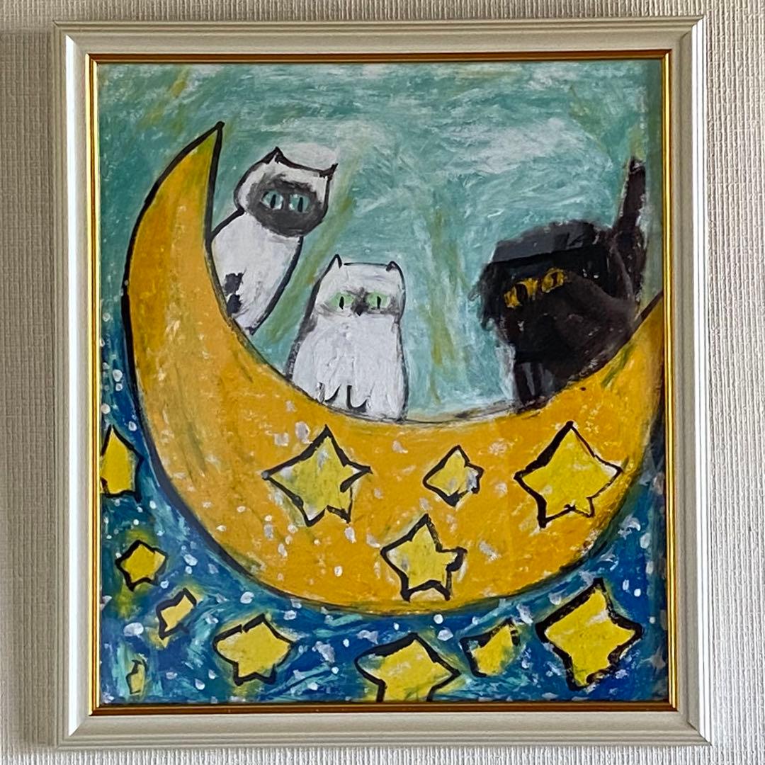 絵画 。壁掛け絵【かわいい猫たちが月亮船に乗って世界を旅する】