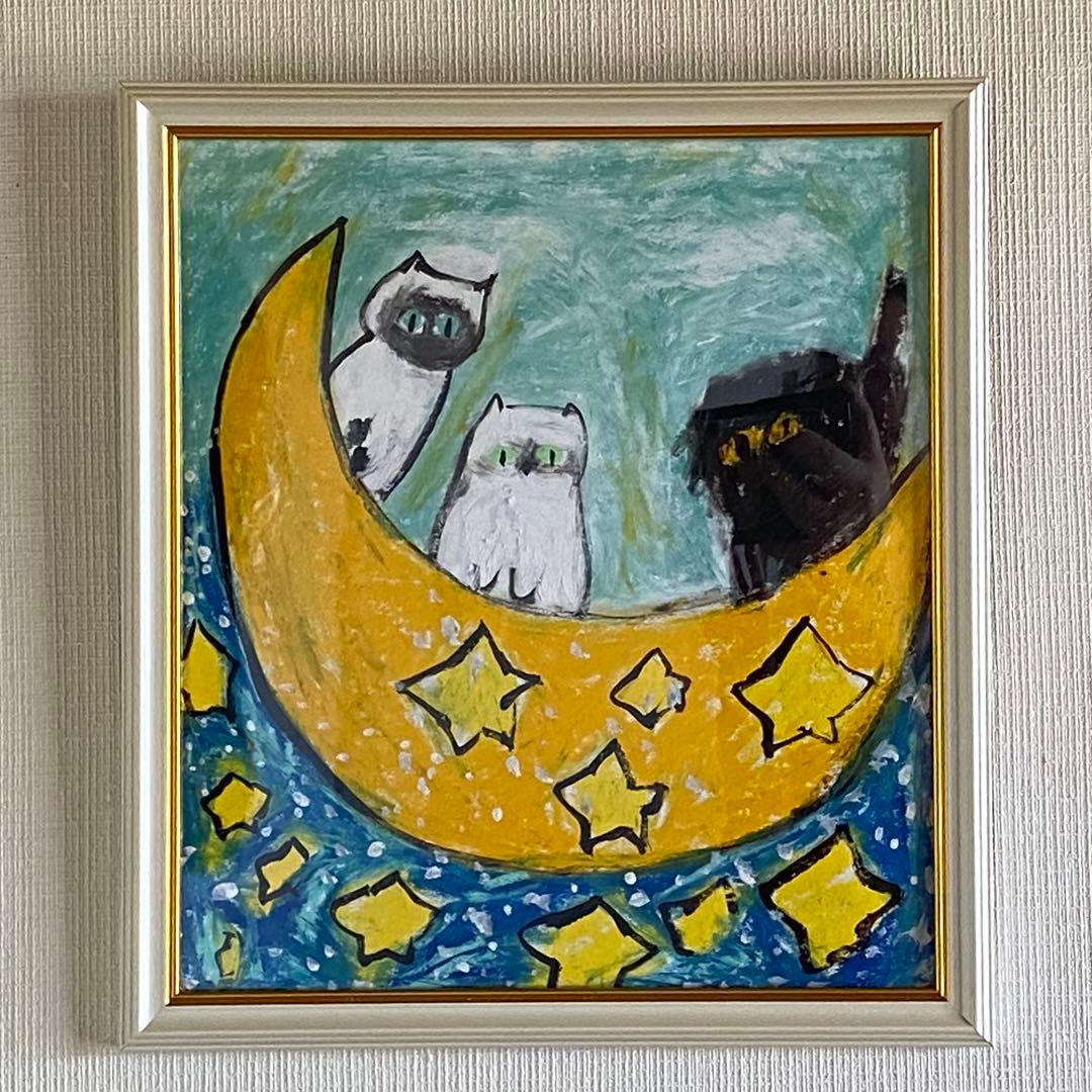 絵画 。壁掛け絵【かわいい猫たちが月亮船に乗って世界を旅する】