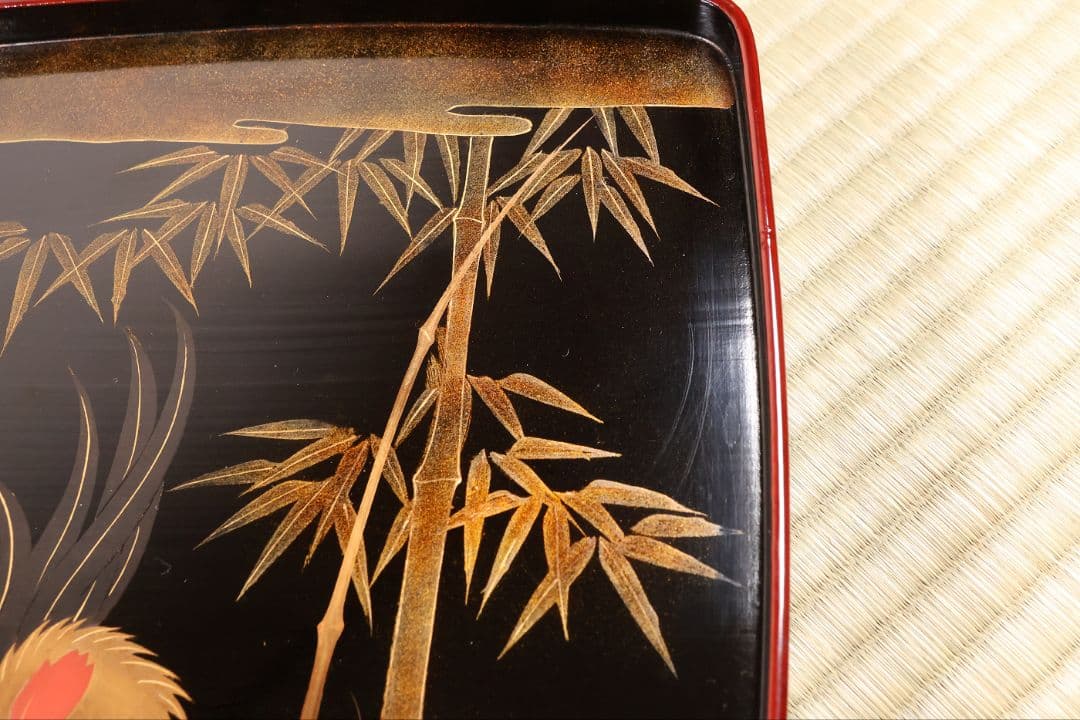 木製漆器 竹鶏蒔絵 吸物膳 五客 溜塗 黒塗 足付 四方膳 茶懐石 CM386