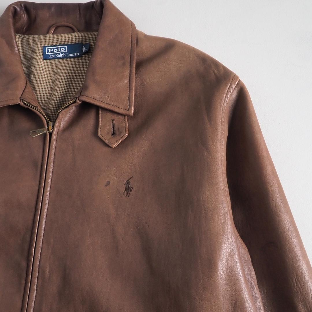 ラルフローレン　羊皮　レザージャケット　ブラウン　裏地チェック