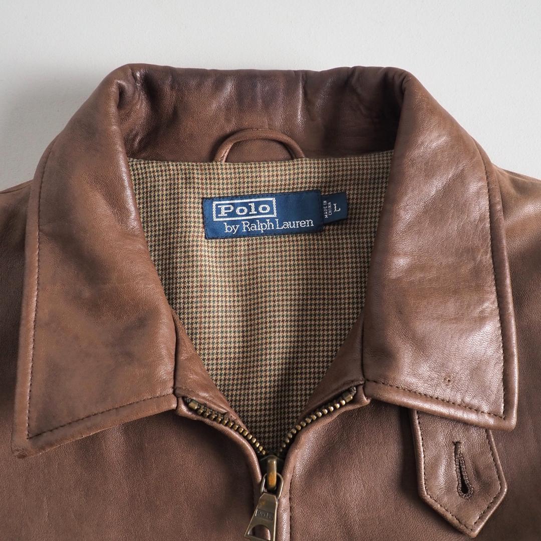 ラルフローレン　羊皮　レザージャケット　ブラウン　裏地チェック