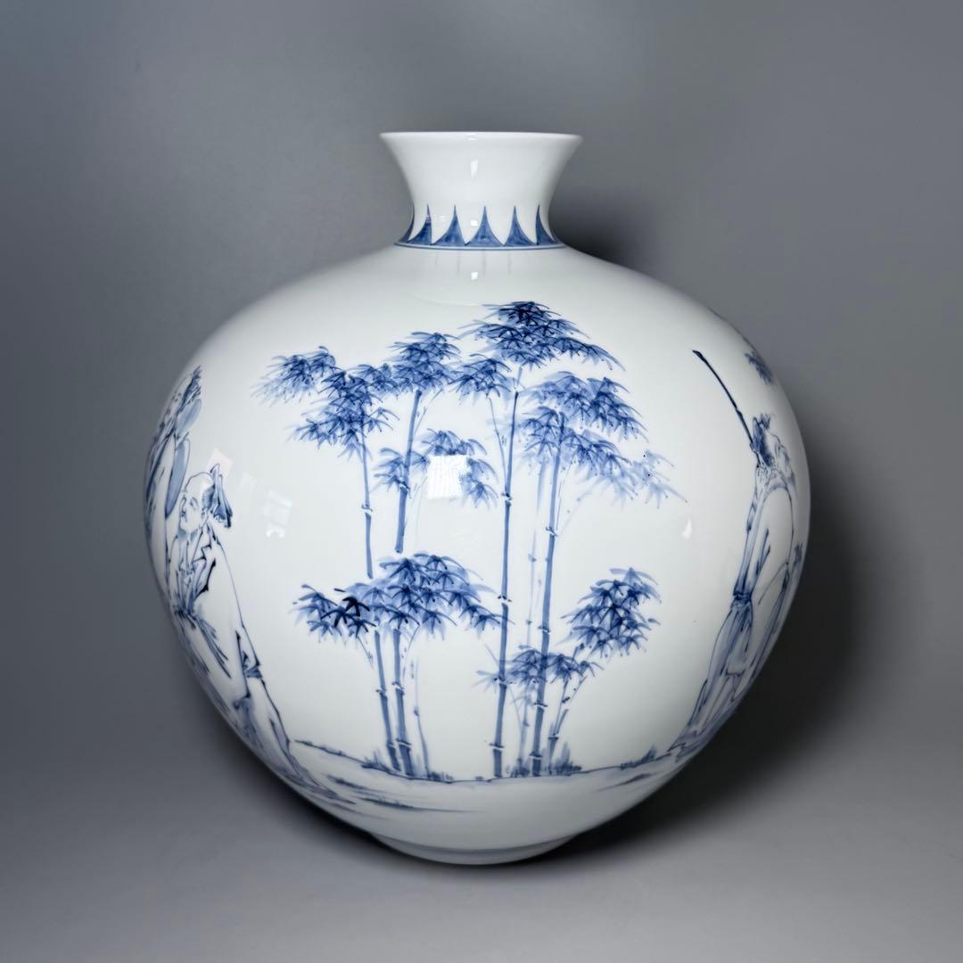 人間国宝　井上萬二　染付竹林賢人図花瓶　高32cm！　最高位大作　銘　萬二作