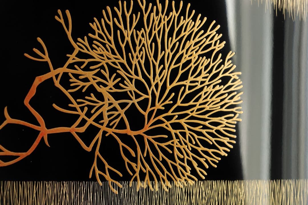 輪島塗名工「井波唯志」海華文 花器 蒔絵 沈金 黒塗 木製漆塗 花入 M971