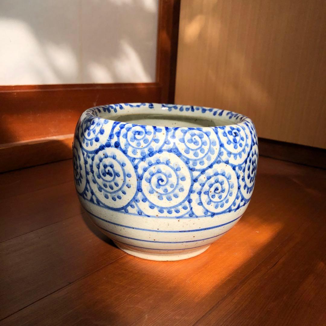 信楽焼 蛸唐草文様 火鉢鉢カバー青い渦巻き柄 日本伝統工芸品