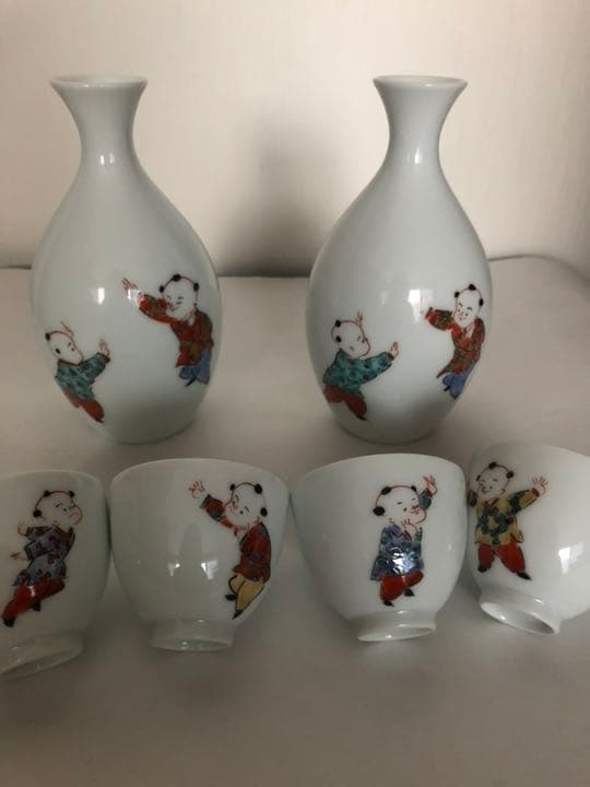 酒器揃 奥川俊右衛門 白磁 色絵 唐子