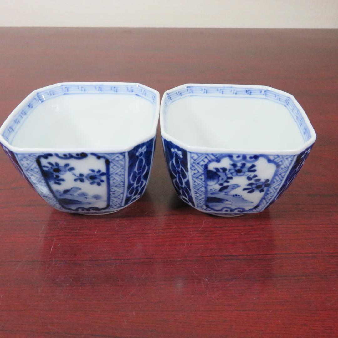 四角向付 2ケ口 染付 山水 鳥 川辺 銘 明治 大正 蔵出し初荷