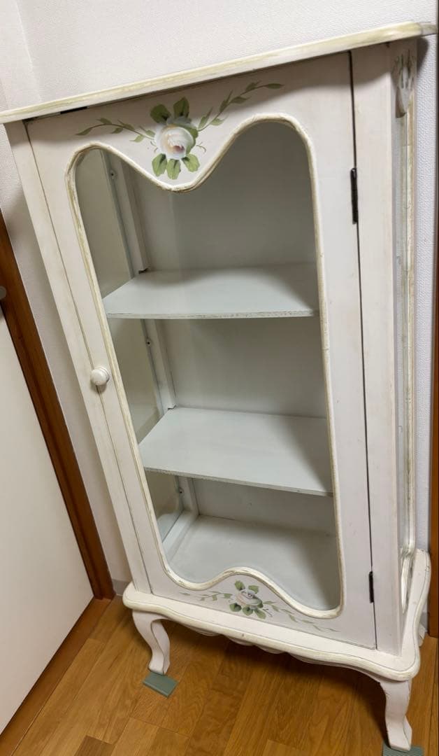 ホワイト木製キャビネット 花柄装飾 3段 スリム型
