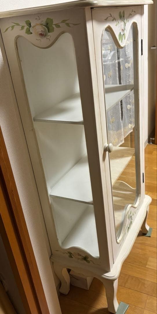 ホワイト木製キャビネット 花柄装飾 3段 スリム型