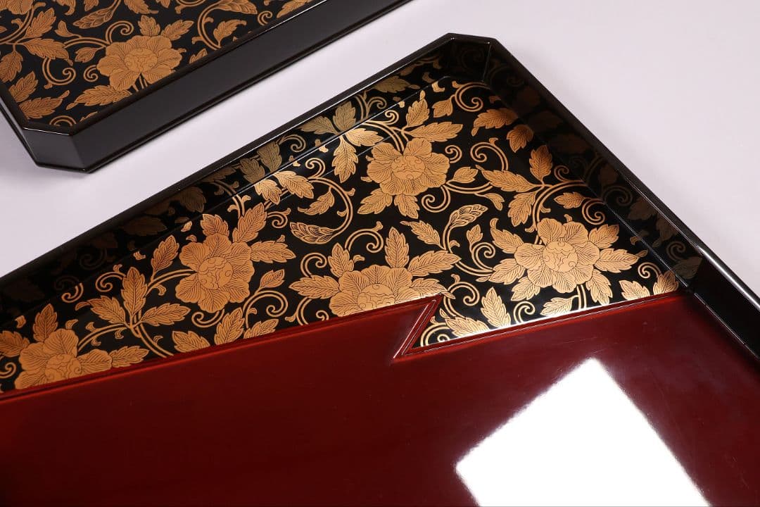 【CM371】加賀描金師 仙石可峰作 花唐草 隅切四方膳 五客 木製 折敷