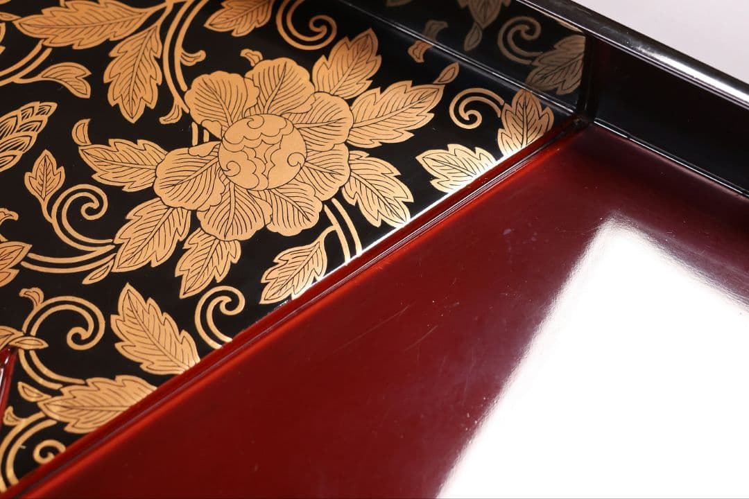 【CM371】加賀描金師 仙石可峰作 花唐草 隅切四方膳 五客 木製 折敷