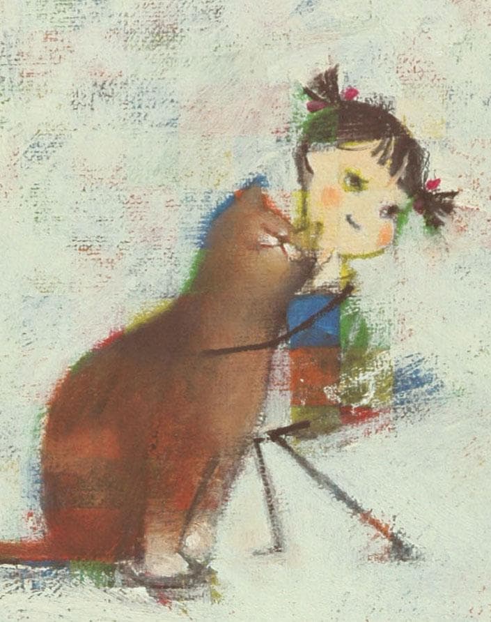 油絵 菅家令子 絵 絵画インテリア額付(銀) F4-072419 子猫犬 女の子