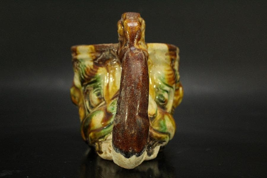 中国美術 唐三彩 獣面 杯 14cmx8cm(LC246)