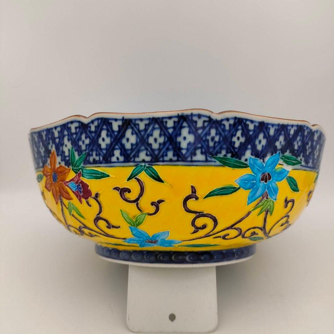 黄交趾 秀峰作 大鉢 清水焼 交趾焼 手描き 菓子鉢 茶道具 フォロー割