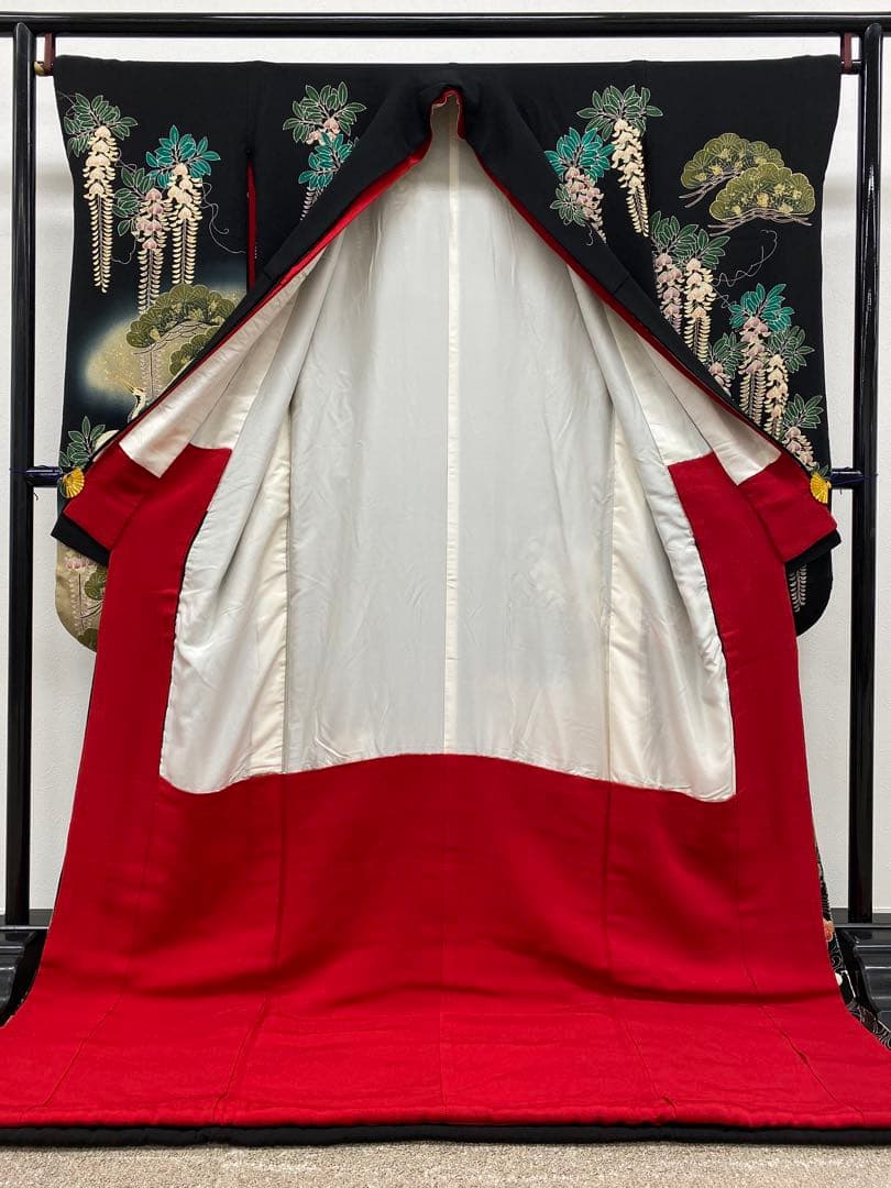 引き振袖 婚礼 花嫁用 鶴 藤 ちりめん比翼付き 正絹 身丈193cm